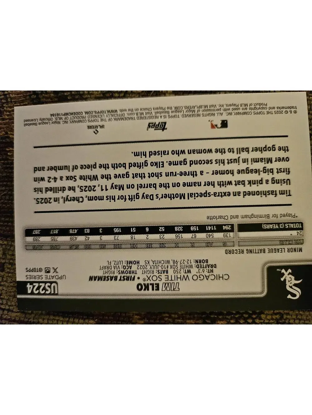 2025 Topps Update - Tim Elko - RC  #US224 - White Sox - RAW Mint - Rookie